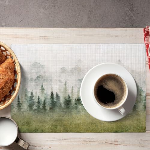 Watercolor Forest Linen Placemats Set of 4,Watercolor Woodland Forest Mountains Rustic Dining Placemats Home Kitchen Party Living Room Table Decoration 12x18 Inch - color: Forest-1, size: 12x18"Placemats x4