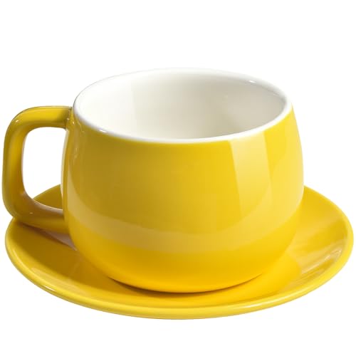 ionEgg Porcelain Coffee Cup with Saucer 270ml/9oz, Minimalist Design, Perfect for Latte, Cappuccino, and Tea, Yellow - color: Yellow