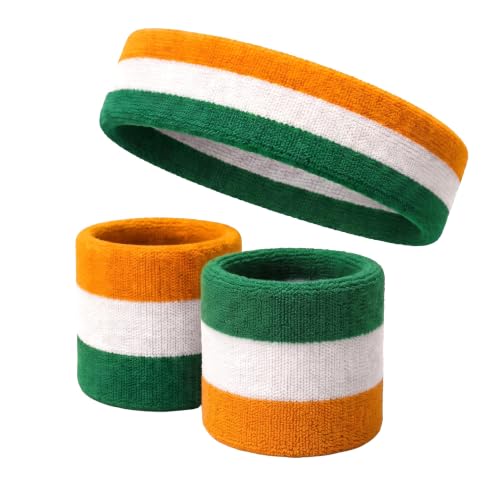 COUVER 3 Color Striped Sports Sweatband Set - color: Green/White/Light Orange