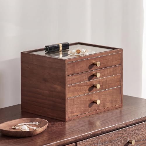 Black Walnut Wooden Women Jewelry Box with Glass Lid, 4 Layer - style: 4 Layer A