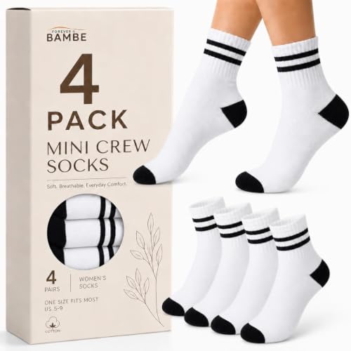 Forever Bambe Mini Crew Socks for Women 4-Pack Cushioned Bottom Retro Striped Socks - Athletic Women's Short Calf Sock - color: 3 - Cool White