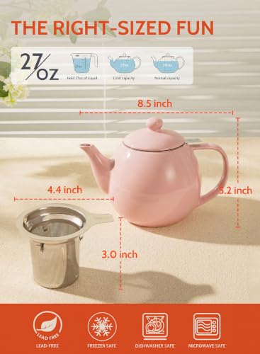Sweese Porcelain Teapot 27 oz with Infuser for Loose Leaf Tea, Pink - color: Pink, size: 27oz (with infuser)