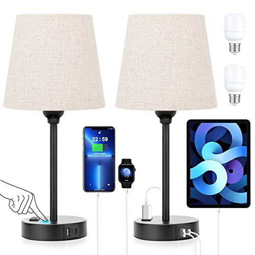 Bedside Table Lamps Set 2 for Bedroom - Dimmable Touch, USB C+A, AC Outlet - color: Beige
