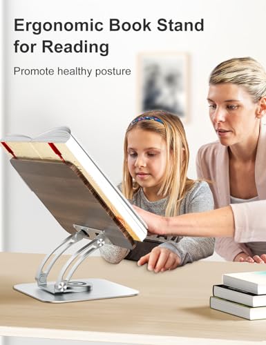Tounee Book Stand for Reading, Adjustable Book Holder with 360° Swivel Base, Foldable Cookbook Stand Recipe Book Holder with Elastic Page Clips for Music Scores, Recipe, Tablet, Laptop-Silver - color: Silver