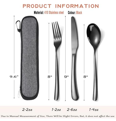 MURRI&MURRDI Travel Stainless Steel Cutlery Set for 1, Reusable Flatware Set with Case,Camping Silverware Set for Work, Knife Fork Spoon Utensil Set 3 Piece, Black - color: B- 3 Black