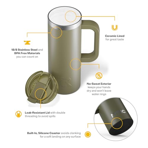 RTIC 20oz Road Trip Travel Mug with Lid and Handle, Ceramic Lined, Olive - color: Olive, size: 20 Ounces