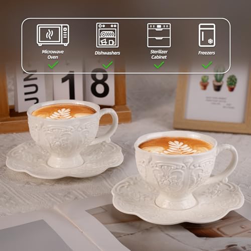 KAMMAK Tea Cups and Saucers Set of 2, 7.8 oz Porcelain Coffee Cups, 565N - size: 7KPSP565N