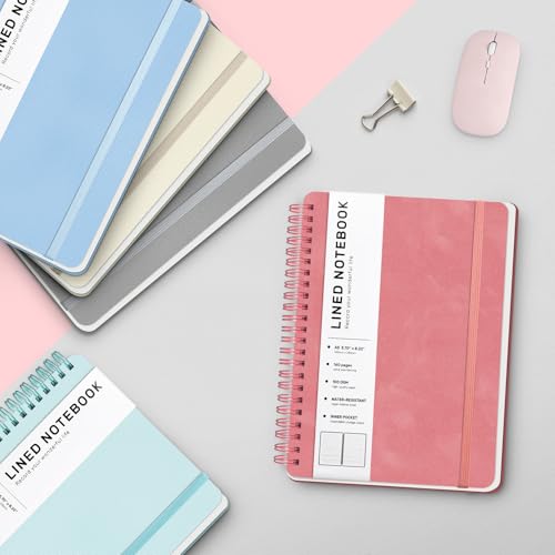 Lined Spiral Notebook for Women, A5 College Ruled Leather Spiral Journals - color: Light Red, size: A5