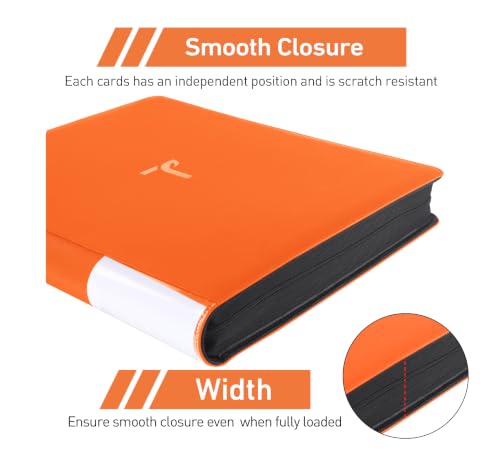 Top Loader Binder 16 Pocket, Holds 640+ Cards in 3" x 4" Toploaders, Ringless 20 Double-Sided Sleeves, Side-Loading, Spine Label with Maker Pen Toploader Binder for TCG, MTG, Sports Cards - color: Orange, size: 16-Pocket, Holds 640 Cards