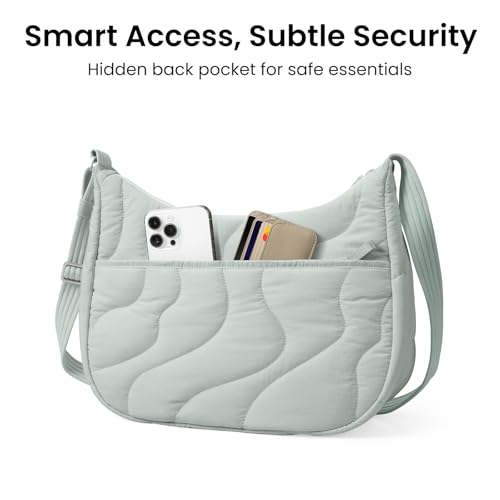 tomtoc Puffer Sling Crossbody Bag for Women Trendy, Nylon Quilted Crescent Shoulder Bag Purses, Puffy Travel Hobo Handbag - color: Light Blue-m