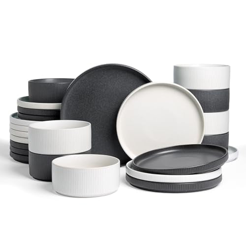 Famiware Star Stoneware Dinnerware Sets for 8, Reactive Glaze Plates, Bowls - color: Matte White & Charcoal