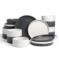 Famiware Star Stoneware Dinnerware Sets for 8, Reactive Glaze Plates, Bowls - color: Matte White & Charcoal