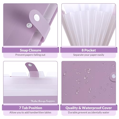 SKYDUE File Folder with Labels, Accordion File Organizer with 8 Pockets, Portable Document Organizer, A4 Letter Size, Paper Organizer for Office, Purple - color: Taro Purple