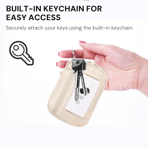 Keychain Wallet for Women with Clear ID Window, Coin Pouch and Wrist Strap - color: Light Beige
