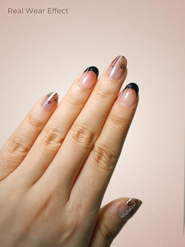 Real Gel Nail Strips (No UV Light Needed) - 44Pcs Salon Quality Nail Stickers - Long Lasting Polish Wraps for Women, Easy Apply & Remove (Daring Dusk Black) - color: Daring Dusk Black