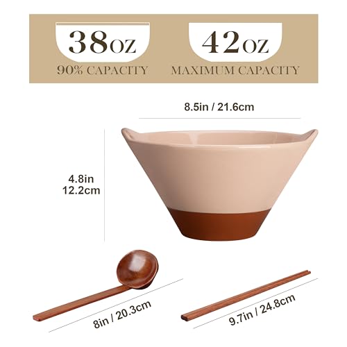 MALACASA 42 oz Ceramic Ramen Bowls with Chopsticks & Spoon, Pink & Khaki - color: Pink and Khaki