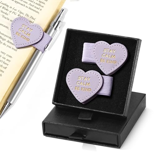 2Pcs Magnetic Leather Heart Bookmarks with Pen Holder, Cute Inspirational Motivational Quotes Book Markers Clip with Gift Box, Reading Accessories for Book Lovers Women Teachers (Stay Calm Be Kind) - color: Purple-stay Calm Be Kind
