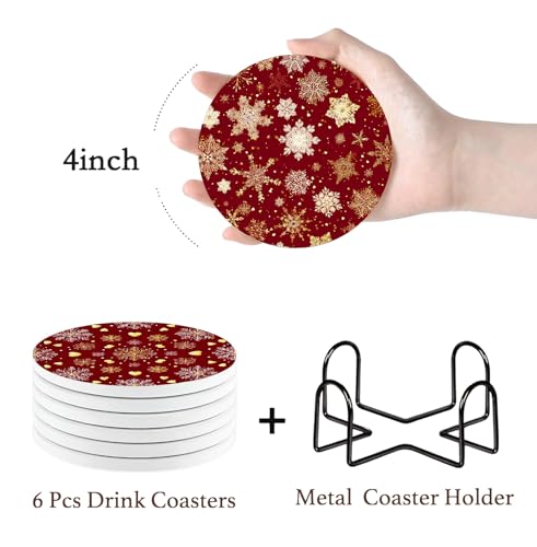 Nikyi 6 Pcs Christmas Red with Gold Snowflakes Heart Ceramic Absorbent Coasters, Round Drink Coaster with Metal Holder and Cork Base, for Coffee Cup Kitchen Home Table Office Desk Gift Home Decor - color: Christmas Red With Gold Snowflakes Heart