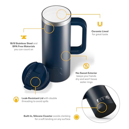 RTIC 20oz Road Trip Travel Mug with Lid and Handle, Ceramic Lined, Navy - color: Navy, size: 20 Ounces