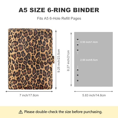 Convend A5/A6 Refillable 6 Ring Faux Leather Binder Cover (Leopard) - color: Leopard Texture, size: Luxe-A5