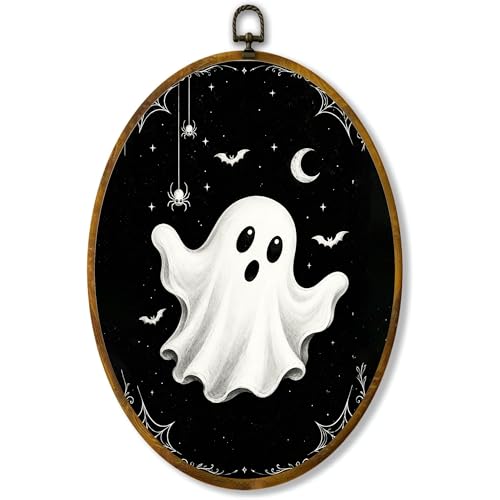 Black White Ghost Oval Wall Art, Framed Canvas Decor, 8.5x11.5 Inch - color: Simple Ghost Bat Spider Black