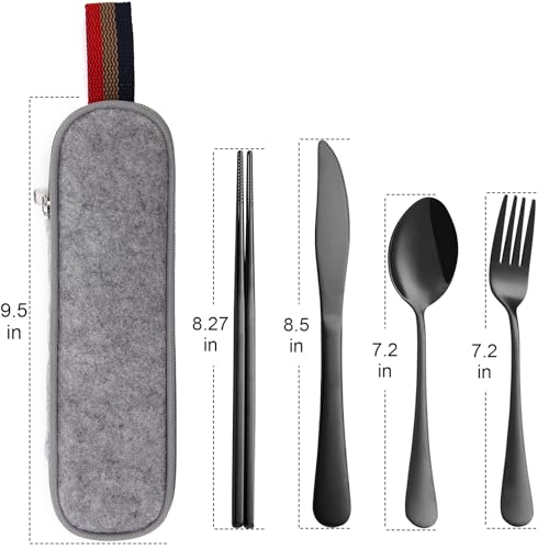 DEVICO Travel Utensils with Case, 5 Piece Portable Silverware Set for Work - color: Black