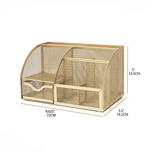 Annova Mesh Desk Organizer Office with 7 Compartments + Drawer/Desk Tidy Candy/Pen Holder/Multifunctional Organizer (Gold) - color: Gold