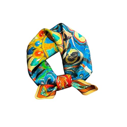 100% Pure Mulberry Silk Scarf 21" Women Square Scarf Neckerchief Headscarf - color: Blue and Orange Ethnic Style