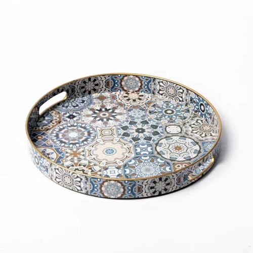 Round Serving Tray with Handles,Boho Modern Ottoman Coffee Table Tray - color: Round Tray - Boho Blue