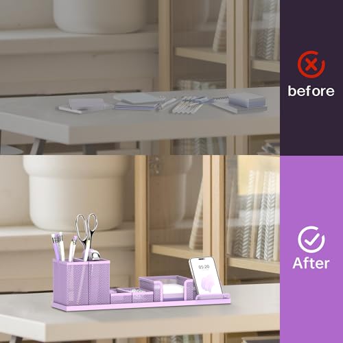 Pen Holder for Desk, 6-Piece Mesh Desk Organizer with Phone Holder, Purple - color: Purple