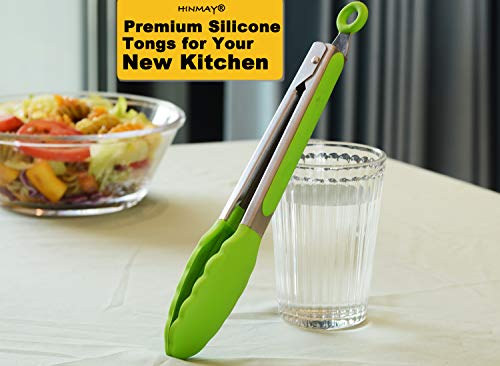 HINMAY Silicone Tongs 9" Stainless Steel Kitchen Tongs, Set of 3 (Green) - color: Green