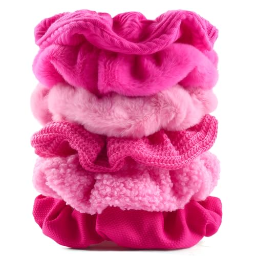 Scrunchies for Women Girls 6Pcs Hot Pink Knit Fuzzy Scrunchies for Thick Hair Ultra Textured Soft Scrunchy Hair Ties Solid Elastic Hair Bands Ponytail Holders Cute Hair Accessories Holiday Gift - color: Hot Pink 6PCS