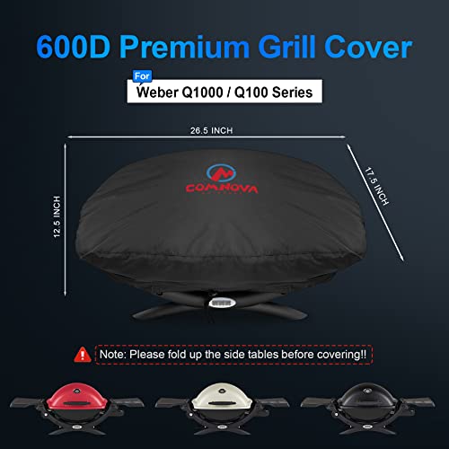 Comnova Weber Q Series Grill Cover - Heavy Duty & Waterproof, 26.5 Inch BBQ Cover for Q1000, Q1200, Q1400 - color: Premium Black - Tabletop Q1000 & Q100