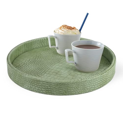 HofferRuffer Faux Leather Round Serving Tray, Vegan Croco Leather Decorative Food Tray for Storage Drinks, Snack & Cosmetics, Dia.12'' x 1.6'' (Light Green) - color: Light Green, size: 12"