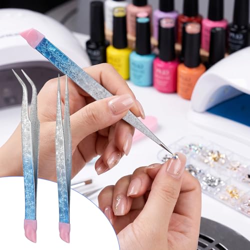Ouligay 2PCS Nail Sticker Tweezers Straight Curved Tip Nail Art Tweezers with Silicone Pressing Head Double Ended Craft Tweezers for Nail Rhinestone Diamond Stickers Jewel Gem Picker Tool
