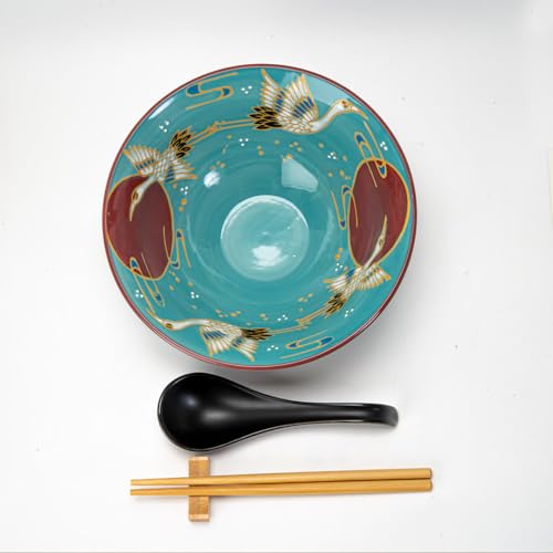 Urban Tokyo 24oz Large Ceramic Ramen Bowl Set with Chopsticks, Spoon & Bamboo Rest – Oriental Japanese Design, Microwave & Dishwasher Safe (Moon Crane) - color: Moon Crane