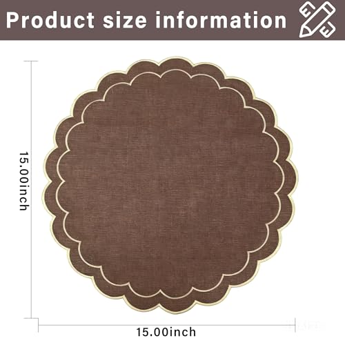 Linen Cotton Placemats Set of 4 Scalloped Flower Embroidery Place Mats 15'' Natural Linen Texture Fabric Machine Washable Table Mats for Restaurant Kitchen,Table Decor(Brown) - color: Brown