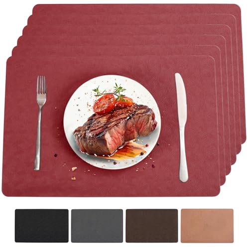 Red Vinyl Placemats Set of 6 Waterproof Wipeable Table Mats - color: Red