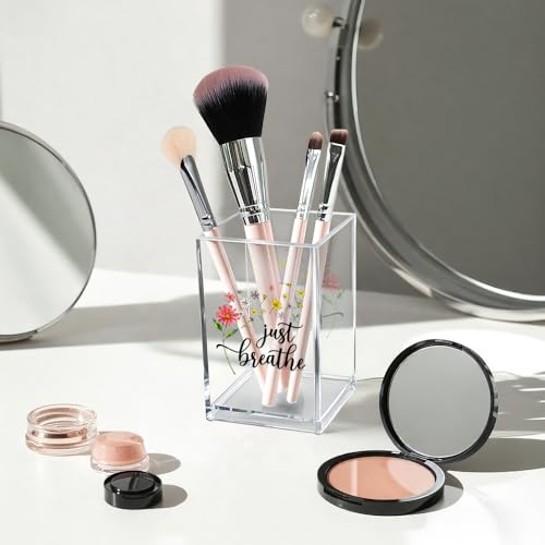 Just Breathe Acrylic Cosmetic Pencil Pen Holder Cup, Inspirational Dandelion Desk Organizer Accessories for Home Office Decor, Encouragement Gifts for Women Girl Coworker Daughter Yoga Teacher - style: Breathe C