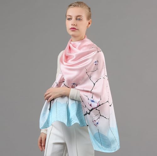 ANDANTINO 100% Silk Long Scarf-Women Large Oblong Shawls with Gift Packed - color: Blue&pink Branches