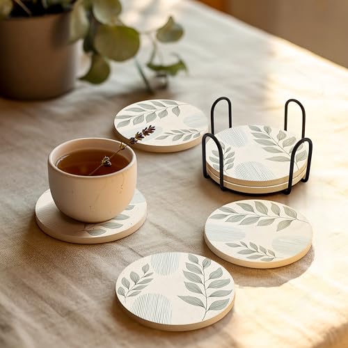 VEYRO Ceramic Coasters Set of 4 – Absorbent Stone Drink Coasters with Holder, Non-Slip Cork Backing, Modern Marble Look Coasters for Coffee Table, Desk & Home Decor - color: Leaves 1, size: Set of 4