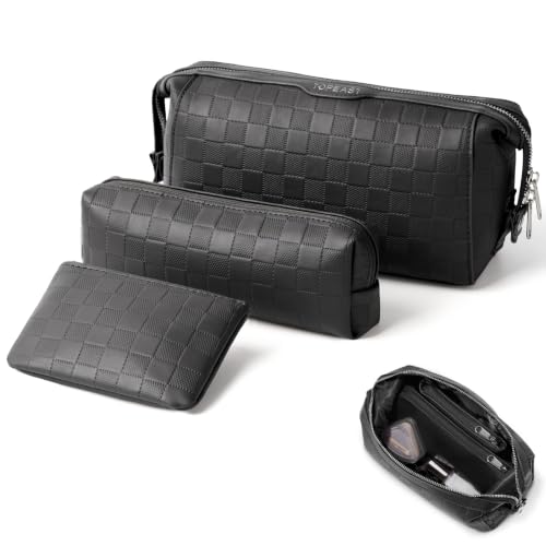 TOPEAST Travel Makeup Bag Cosmetic Bags for Women, 3 Pcs Set Make Up Toiletry Bag with Removable Zip Pouch, Waterproof Leather Makeup Brush Organizer for Travel Essentials, Black - color: Black