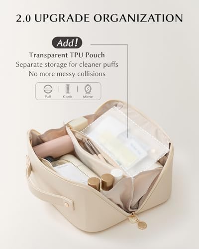 EACHY Travel Makeup Bag for Women, PU Leather Cosmetic Bag, White, Medium - color: F - White, size: Medium