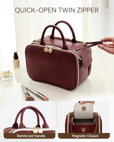 Prite Large Makeup Bag, Waterproof Travel Cosmetic Case with Brush Holder - color: Burgundy, size: Large