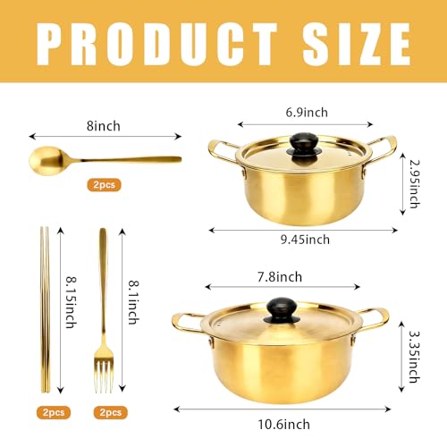 2-Pack Stainless Steel Korean Ramen Pot 7" & 7.8" with Lid Utensils