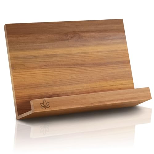 Acacia Cookbook Stand for Kitchen Counter – Adjustable Wooden Recipe Book Holder for Cookbooks, Recipe Binders & Tablets | Foldable Wood Book Stand with Bamboo Phone Holder | Gift-Ready Kitchen Set