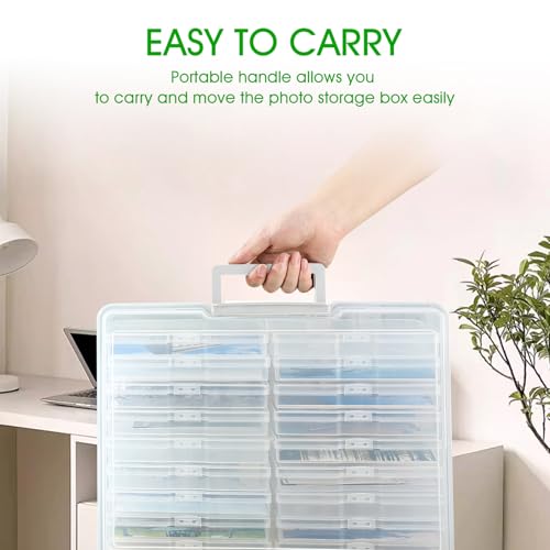 Photo Storage Box 5 x 7 Inches, 18 Inner Extra Large Photo Boxes with Dividers, Clear Acid-Free Photo Storage Container with Handle, Photo Organizer Craft Keeper for Photo, Craft, Seend, Stamp - color: Clear