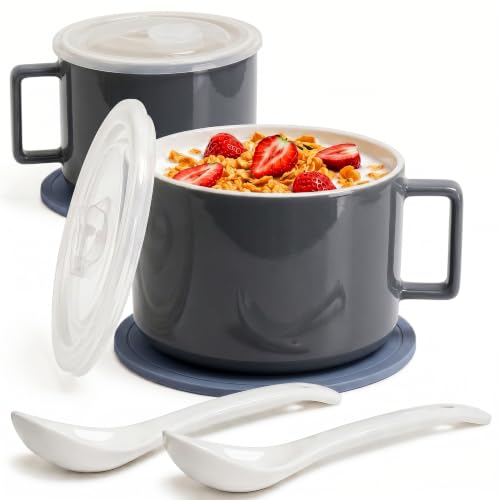 Ceramic Soup Bowls with Handles & Lids, Set of 2 with Spoons & Trivets, 30oz Large Soup Mugs, Oven Safe Bowls for Soup, Ramen, Oatmeal & Cereal, Microwave & Dishwasher Safe, Gray - color: Gray