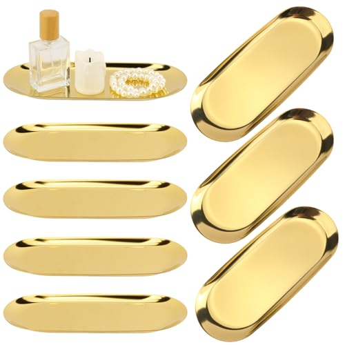 8 Pack 9 Inch Oval Stainless Steel Decorative Tray, Stainless Steel Tea Fruit Tray, 9 inch Gold Oval Trays for Bathroom Vanity, Jewelry, Perfume & Key Organizer (Gold) - size: 8 Pack 9 Inch