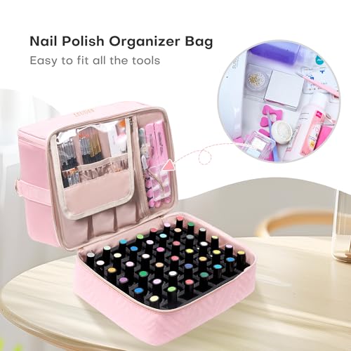 Leudes Nail Bag Polish Organizer Case Holds 42 Bottles & Gel Lamp - color: Pink